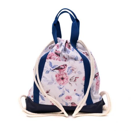 Taška - batoh "Růžová zahrada" na bílám podkladu/ tmavě modré prvky